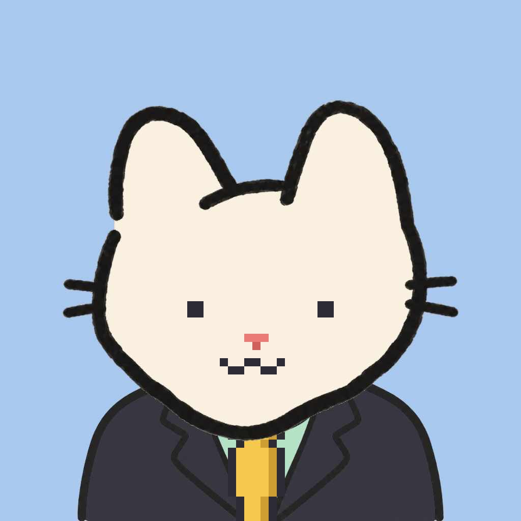 Employee #0814 — a cream cat, in a black suit, with a gold tie, on sky