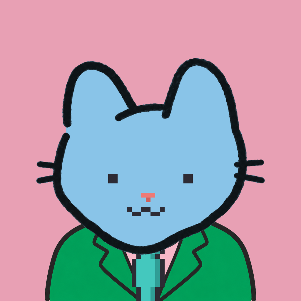Employee #0815 — a sky cat, in a green suit, with a teal tie, on rose