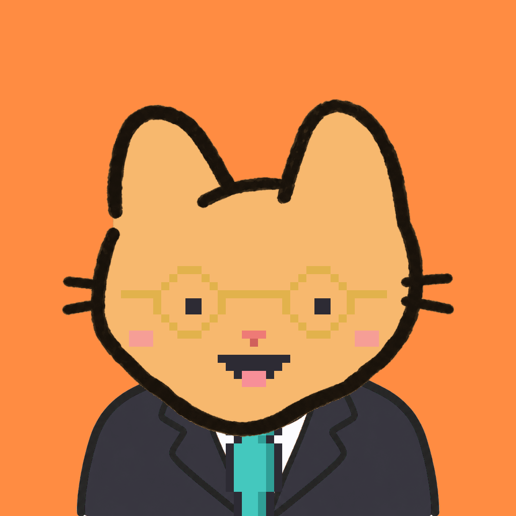 Employee #0816 — a tabby cat, in a black suit, with a teal tie, wearing round-gold glasses, on tangerine