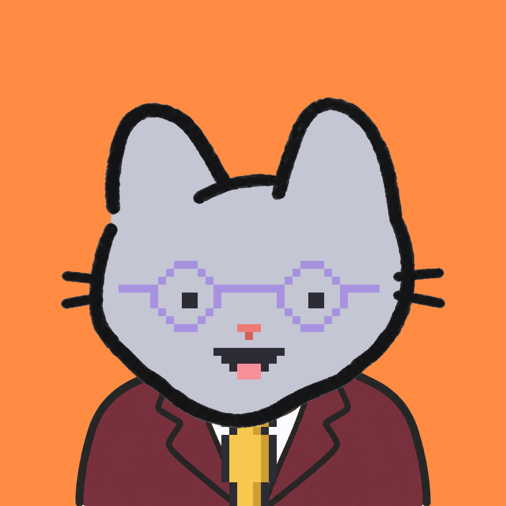 Employee #0817 — a gray cat, in a burgundy suit, with a gold tie, wearing round-lavender glasses, on tangerine