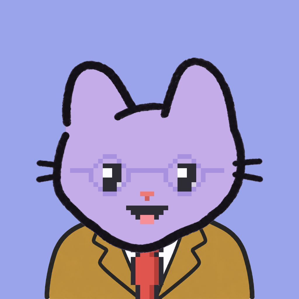 Employee #0818 — a lavender cat, in a mustard suit, with a red tie, wearing round-lavender glasses, on periwinkle