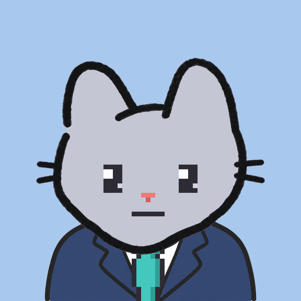 Employee #0819 — a gray cat, in a navy suit, with a teal tie, on sky