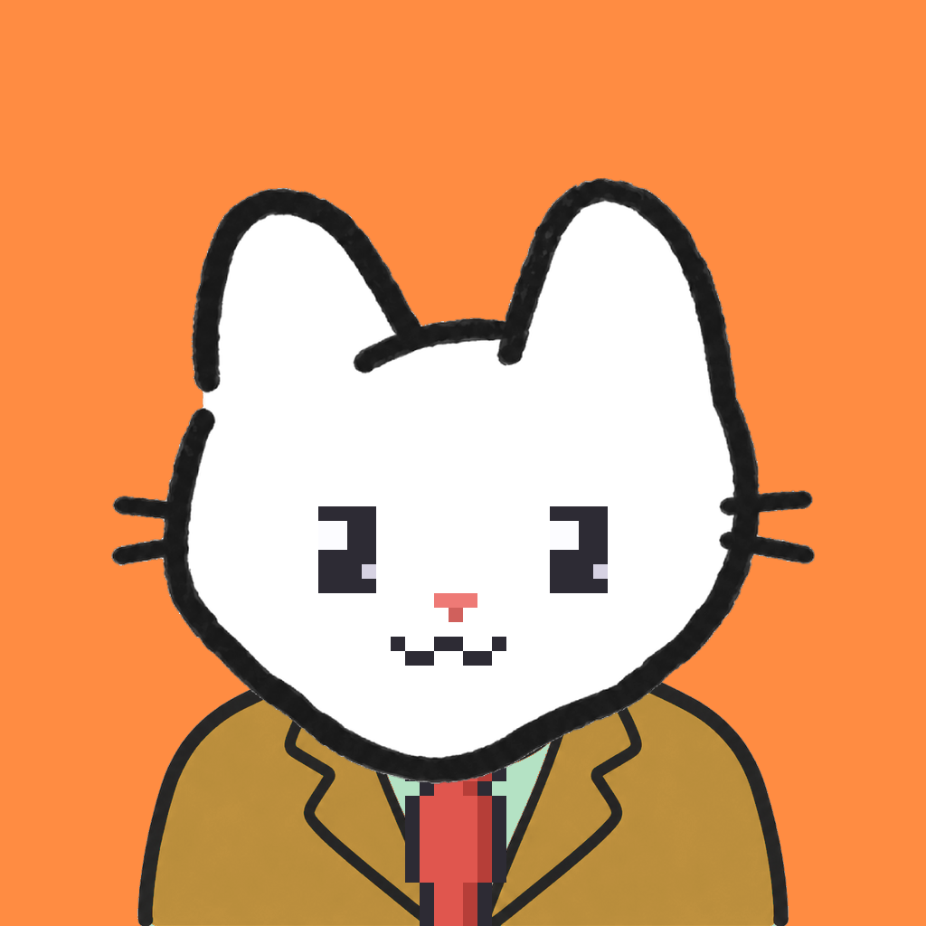 Employee #0082 — a white cat, in a mustard suit, with a red tie, on tangerine