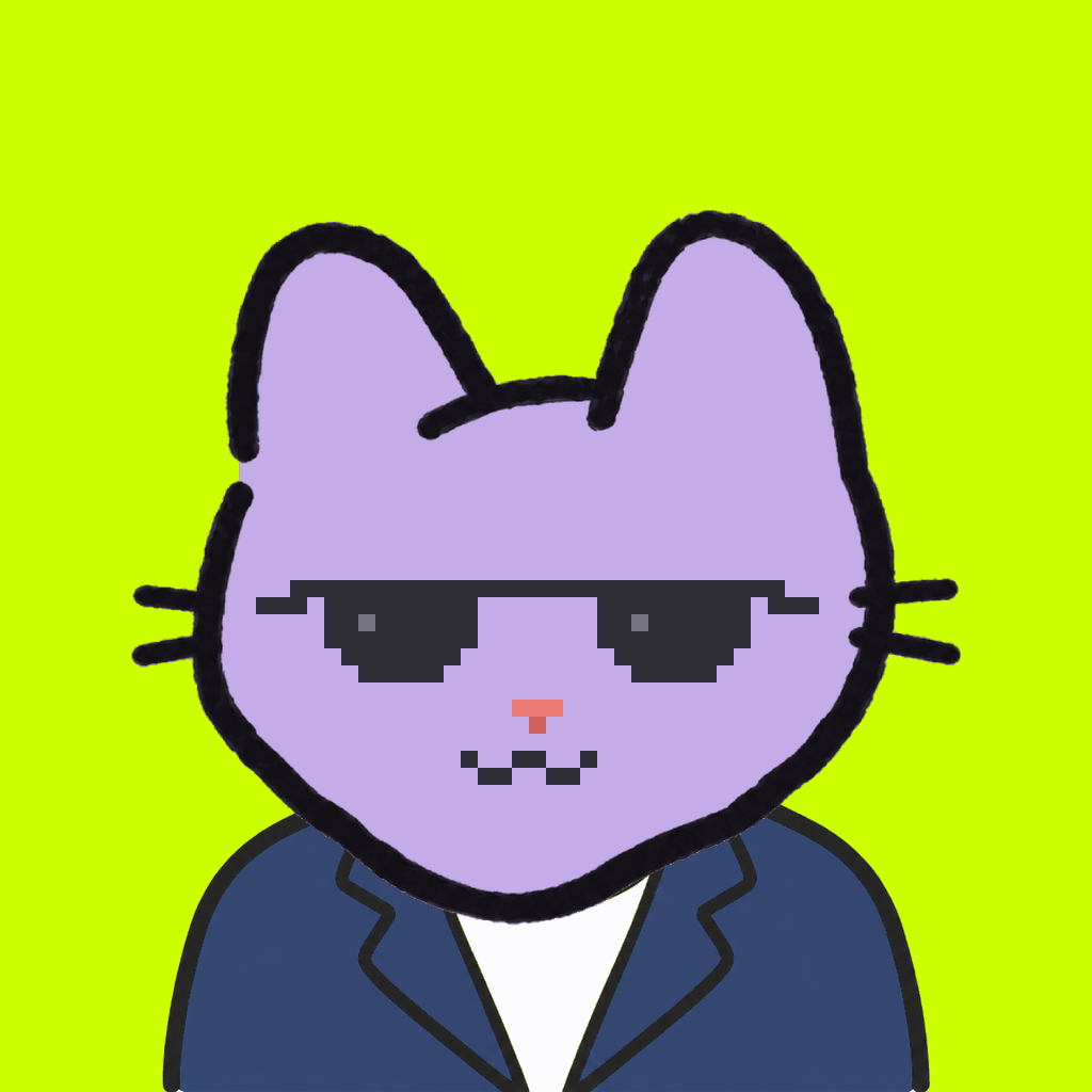 Employee #0820 — a lavender cat, in a navy suit, wearing shades glasses, on volt