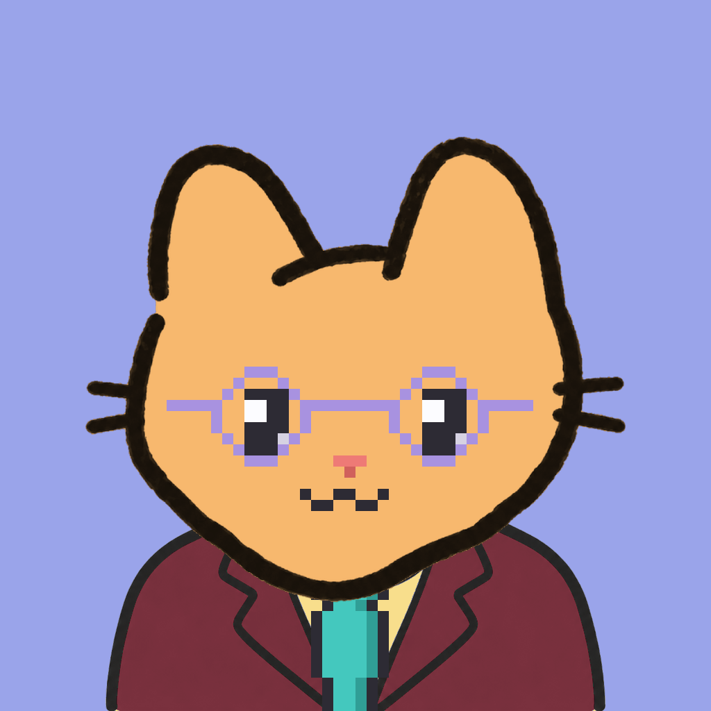 Employee #0821 — a tabby cat, in a burgundy suit, with a teal tie, wearing round-lavender glasses, on periwinkle