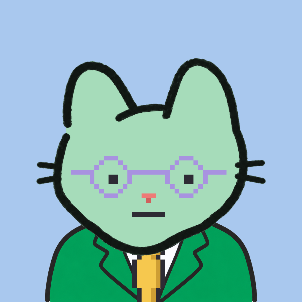 Employee #0822 — a mint cat, in a green suit, with a gold tie, wearing round-lavender glasses, on sky
