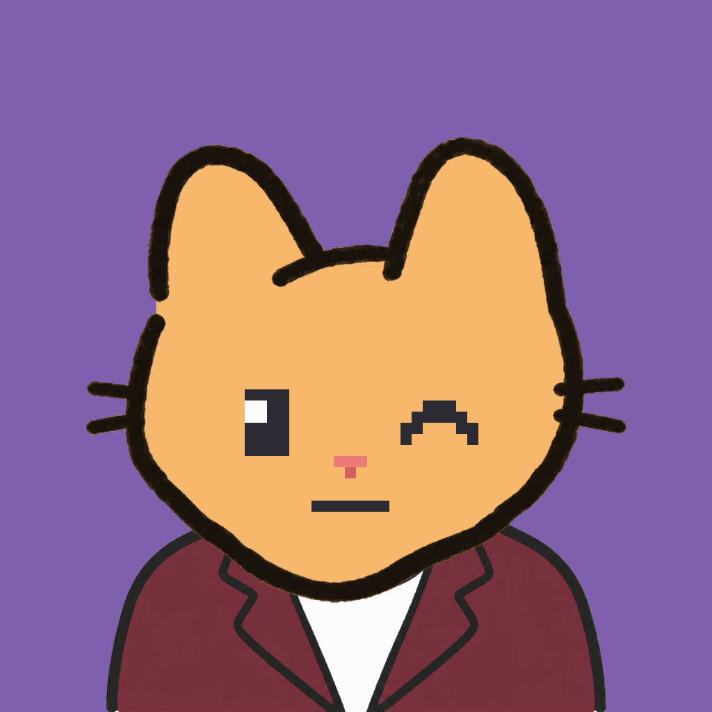 Employee #0823 — a tabby cat, in a burgundy suit, on plasma violet