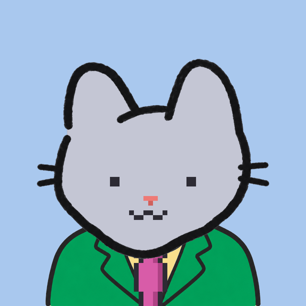 Employee #0824 — a gray cat, in a green suit, with a magenta tie, on sky