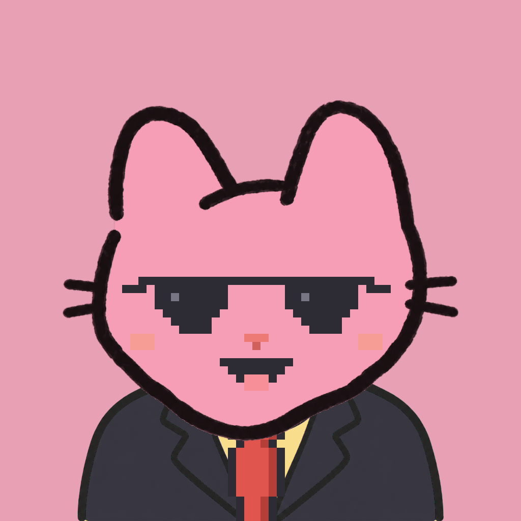 Employee #0825 — a pink cat, in a black suit, with a red tie, wearing shades glasses, on rose