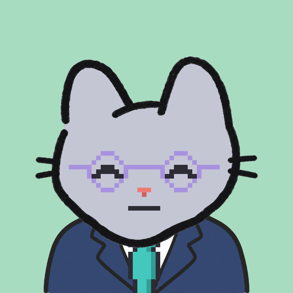Employee #0826 — a gray cat, in a navy suit, with a teal tie, wearing round-lavender glasses, on mint
