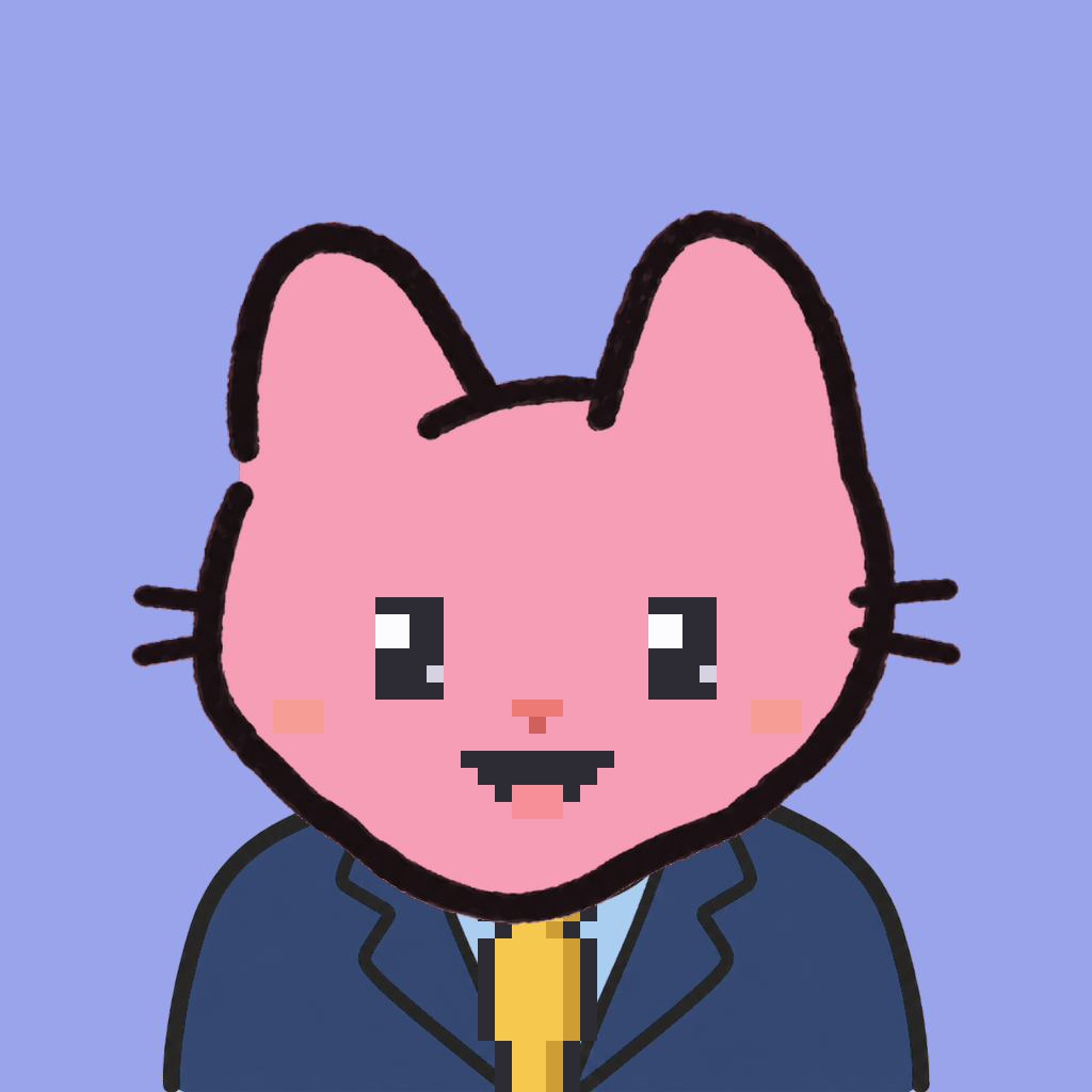 Employee #0827 — a pink cat, in a navy suit, with a gold tie, on periwinkle