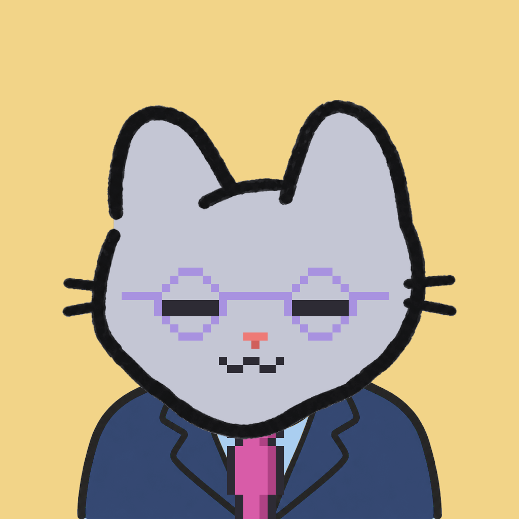Employee #0828 — a gray cat, in a navy suit, with a magenta tie, wearing round-lavender glasses, on butter