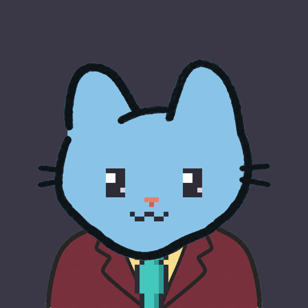 Employee #0829 — a sky cat, in a burgundy suit, with a teal tie, on charcoal