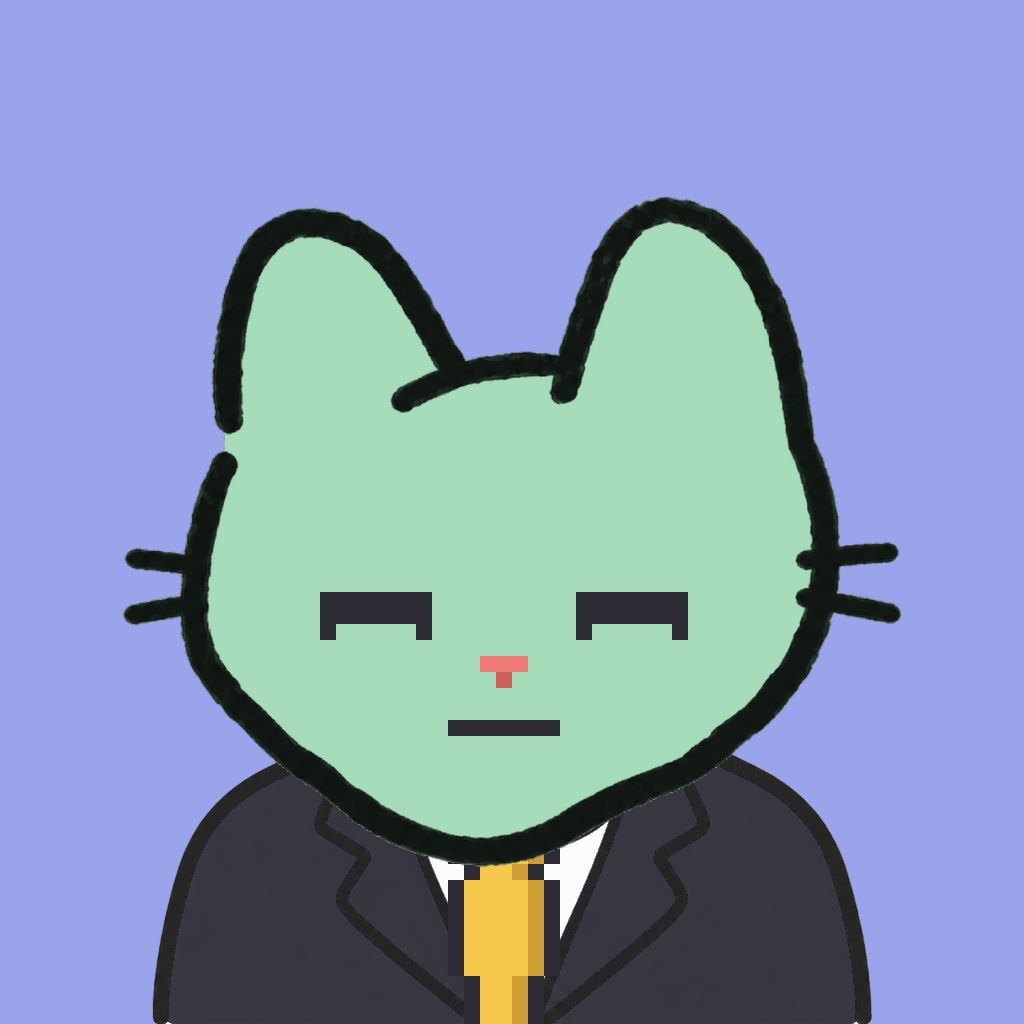 Employee #0083 — a mint cat, in a black suit, with a gold tie, on periwinkle