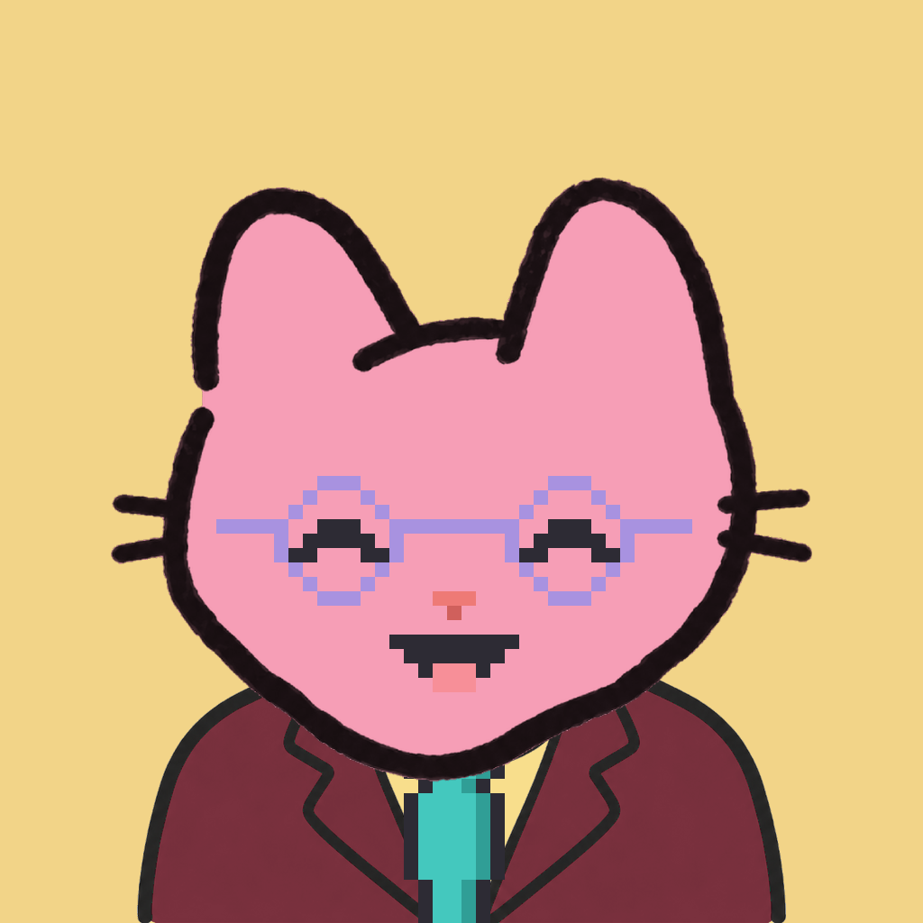 Employee #0830 — a pink cat, in a burgundy suit, with a teal tie, wearing round-lavender glasses, on butter
