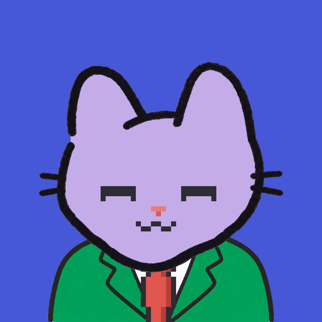 Employee #0831 — a lavender cat, in a green suit, with a red tie, on royal
