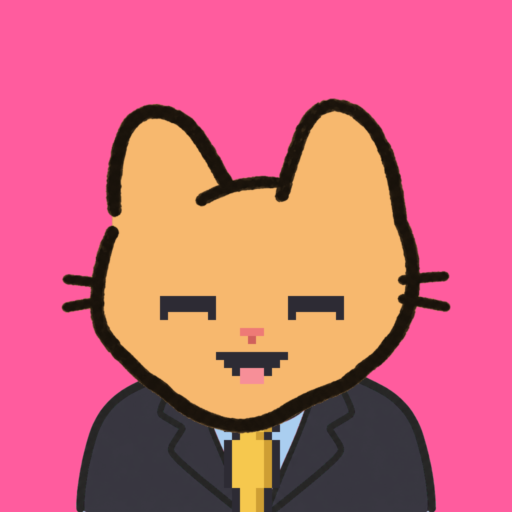 Employee #0832 — a tabby cat, in a black suit, with a gold tie, on hot pink