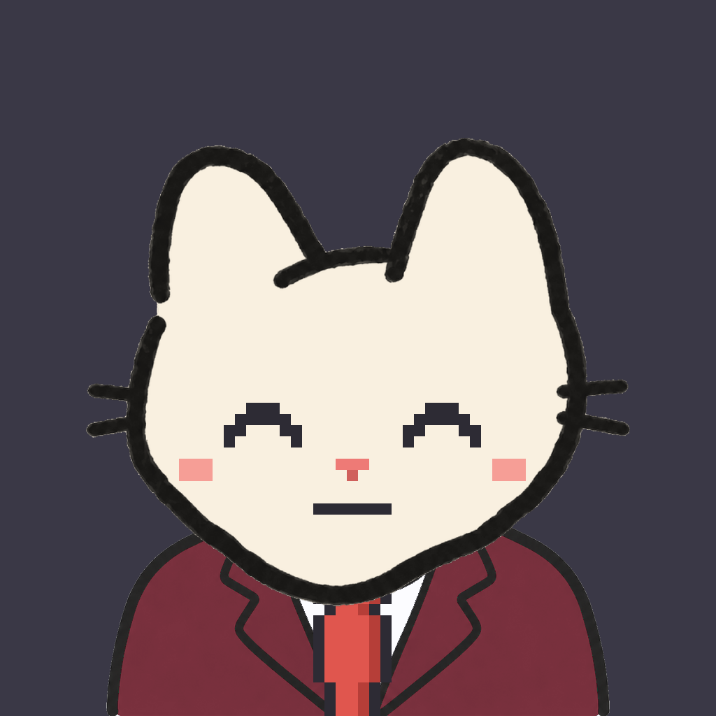 Employee #0833 — a cream cat, in a burgundy suit, with a red tie, on charcoal