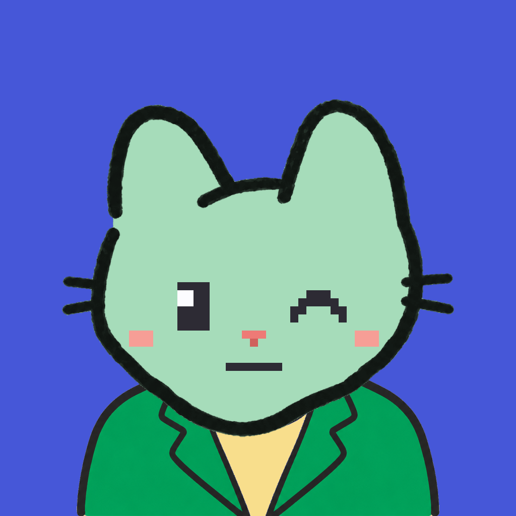 Employee #0834 — a mint cat, in a green suit, on royal