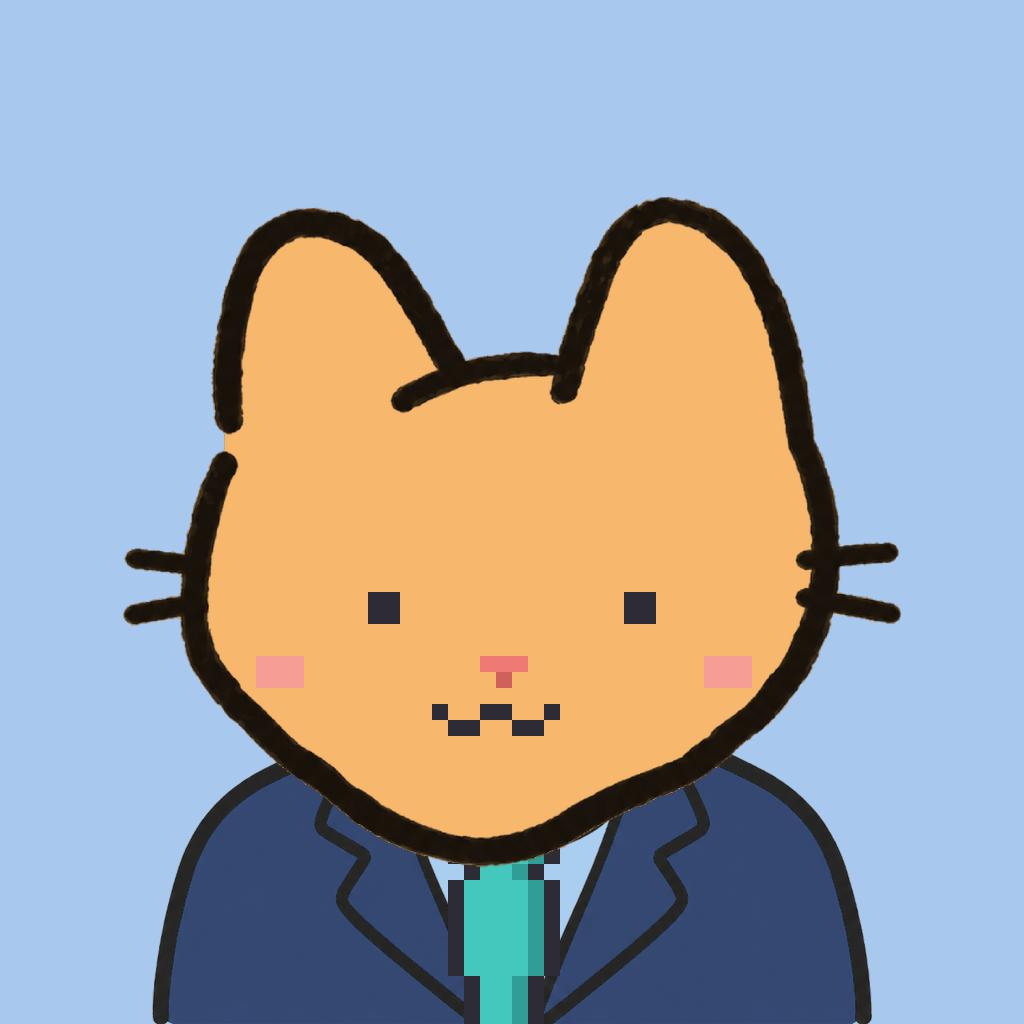 Employee #0835 — a tabby cat, in a navy suit, with a teal tie, on sky