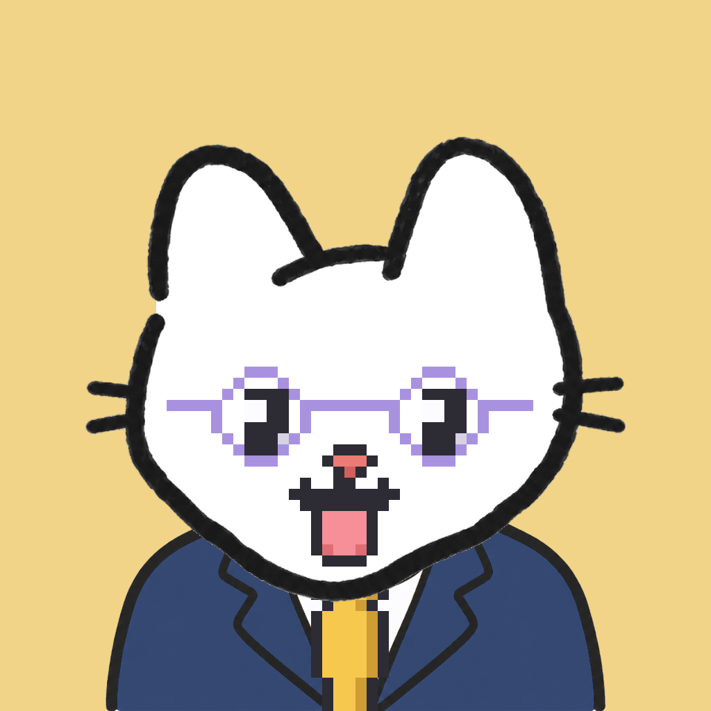 Employee #0836 — a white cat, in a navy suit, with a gold tie, wearing round-lavender glasses, on butter