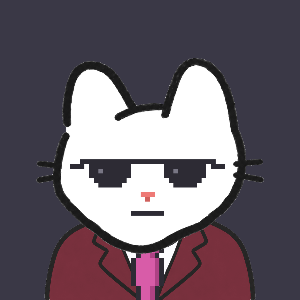 Employee #0837 — a white cat, in a burgundy suit, with a magenta tie, wearing shades glasses, on charcoal