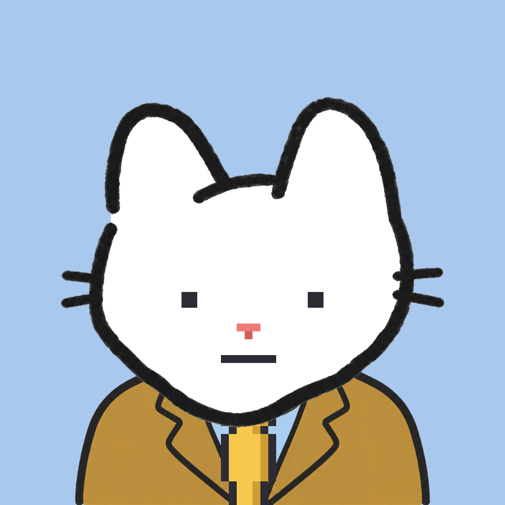Employee #0838 — a white cat, in a mustard suit, with a gold tie, on sky
