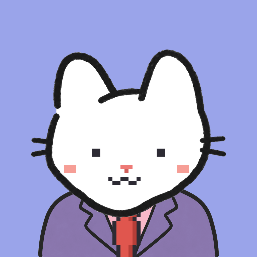 Employee #0839 — a white cat, in a lavender suit, with a red tie, on periwinkle