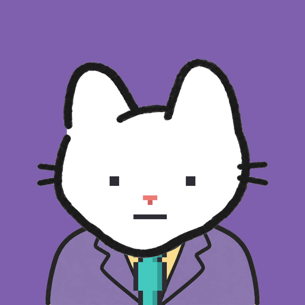 Employee #0084 — a white cat, in a lavender suit, with a teal tie, on plasma violet