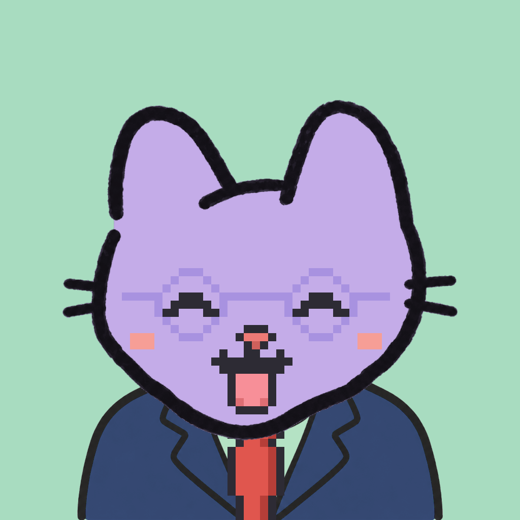 Employee #0840 — a lavender cat, in a navy suit, with a red tie, wearing round-lavender glasses, on mint