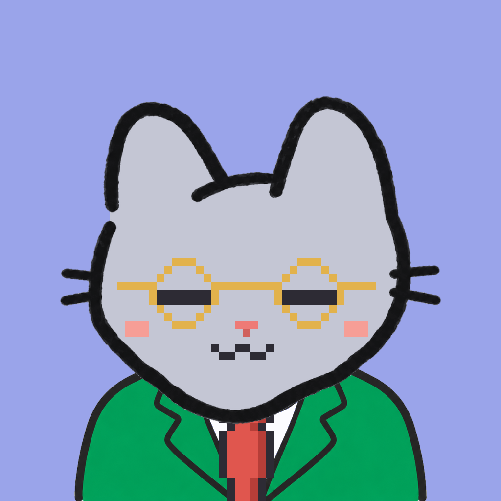 Employee #0841 — a gray cat, in a green suit, with a red tie, wearing round-gold glasses, on periwinkle