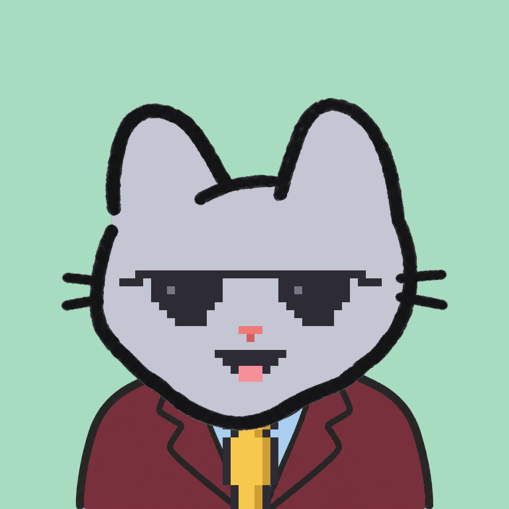 Employee #0842 — a gray cat, in a burgundy suit, with a gold tie, wearing shades glasses, on mint