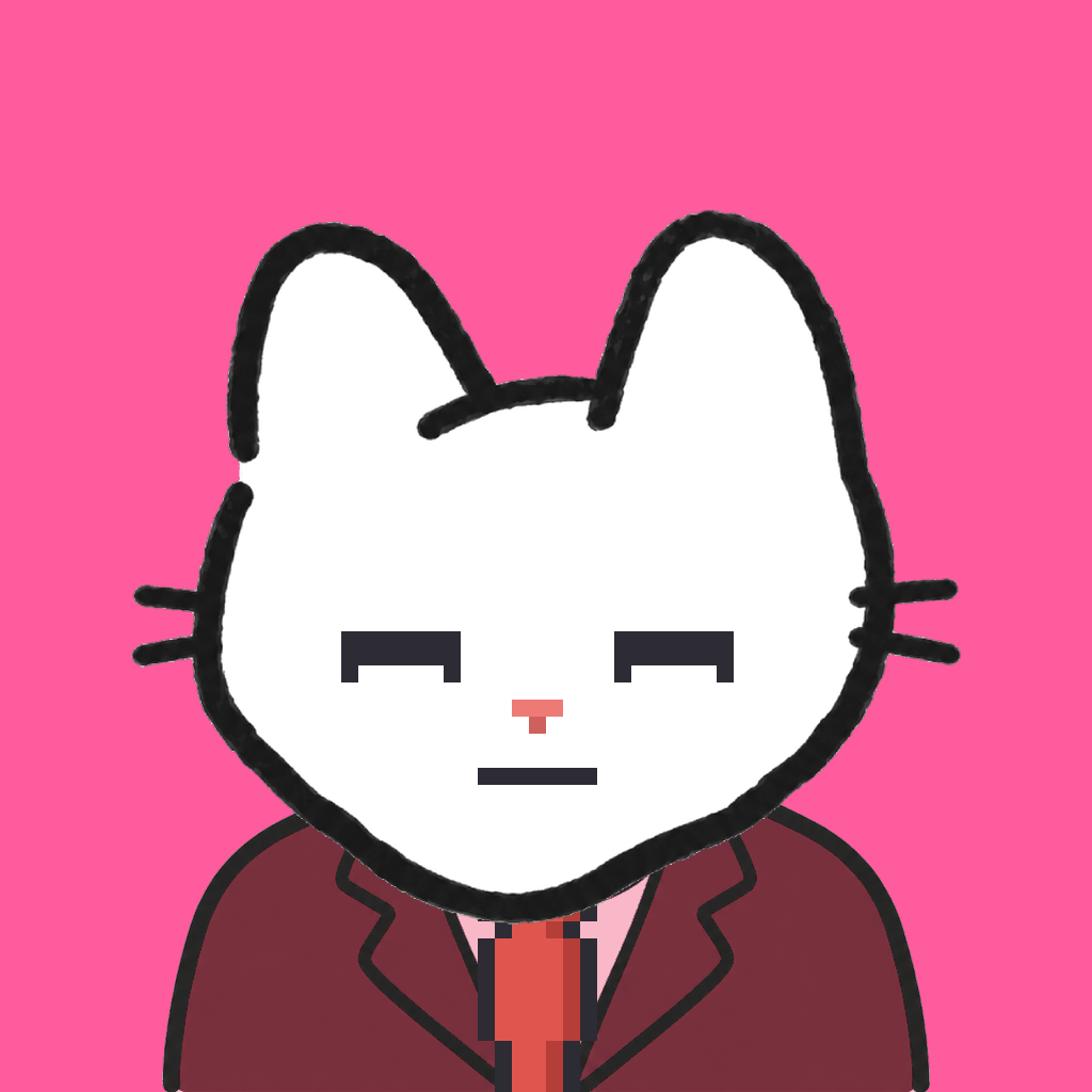 Employee #0843 — a white cat, in a burgundy suit, with a red tie, on hot pink