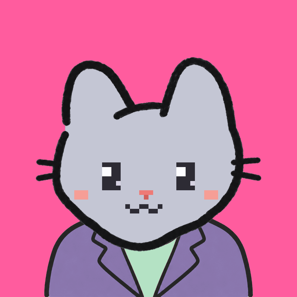 Employee #0844 — a gray cat, in a lavender suit, on hot pink