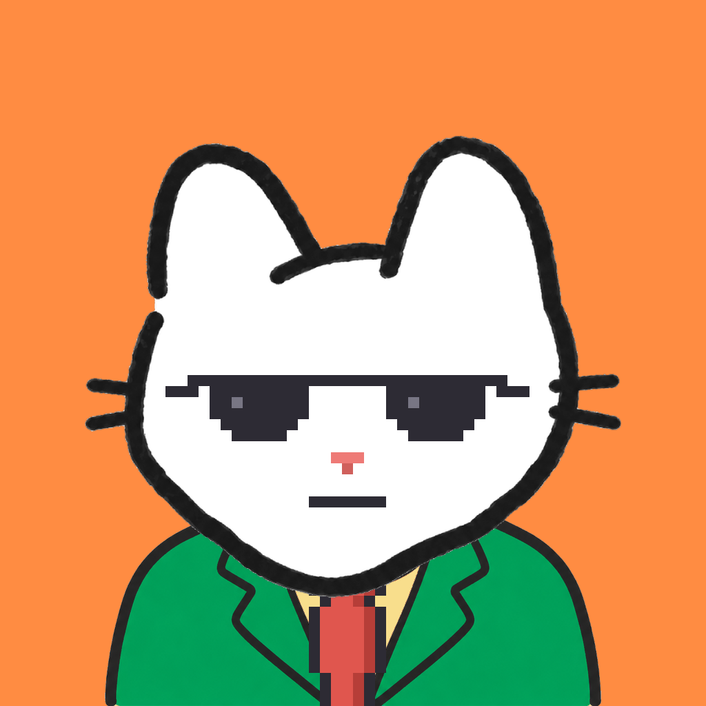Employee #0845 — a white cat, in a green suit, with a red tie, wearing shades glasses, on tangerine