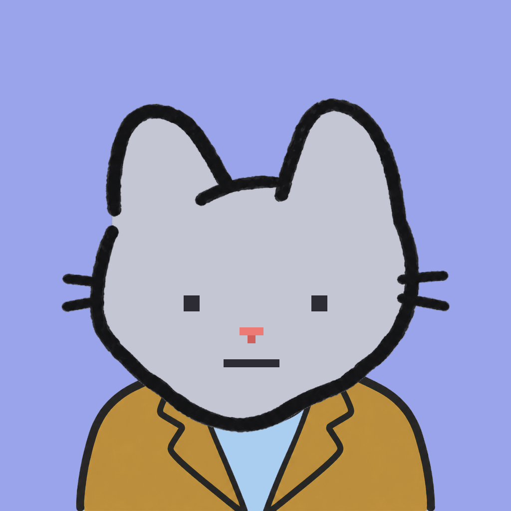 Employee #0846 — a gray cat, in a mustard suit, on periwinkle