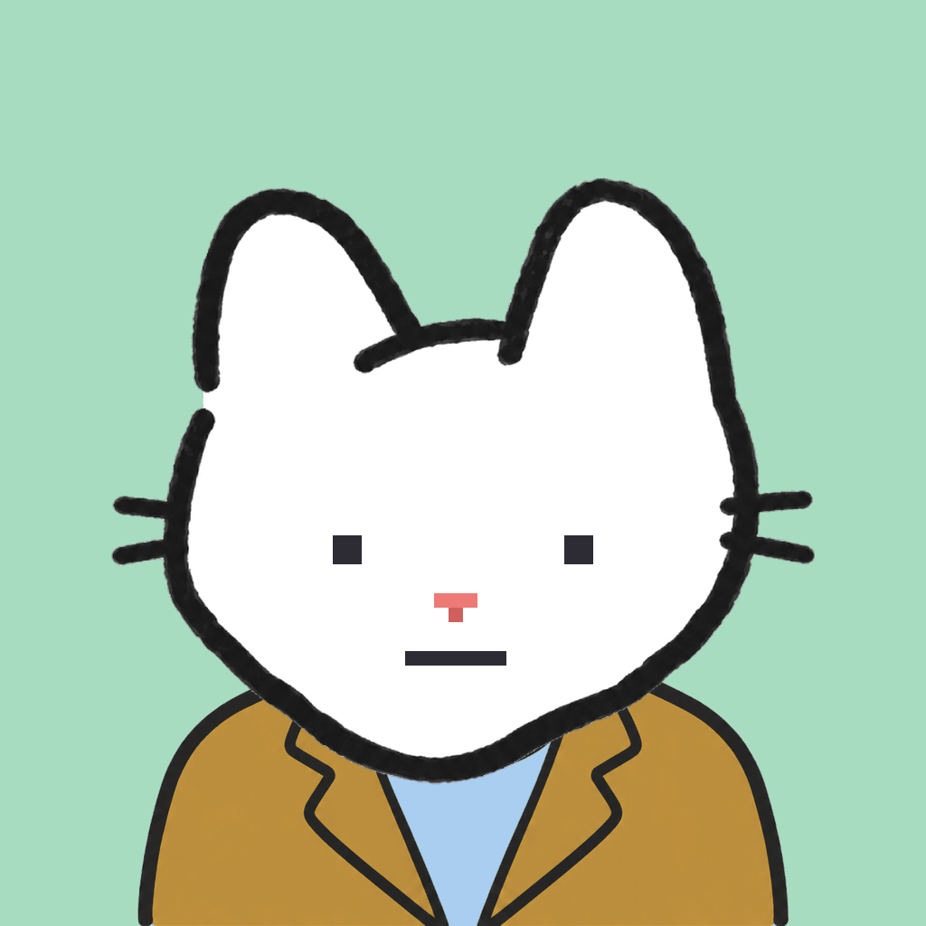 Employee #0847 — a white cat, in a mustard suit, on mint