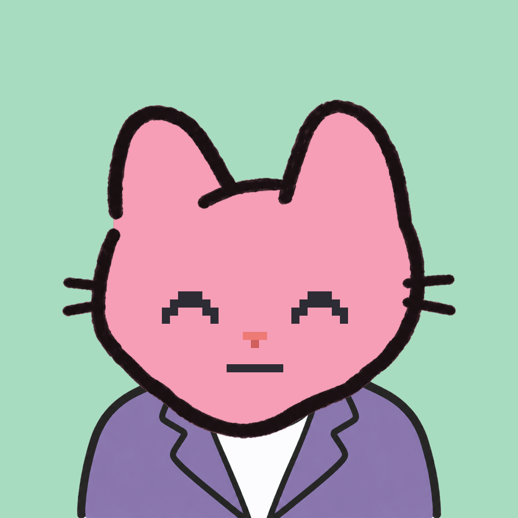 Employee #0848 — a pink cat, in a lavender suit, on mint