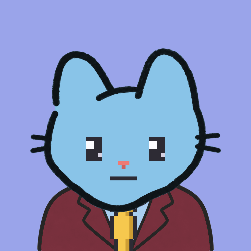 Employee #0849 — a sky cat, in a burgundy suit, with a gold tie, on periwinkle