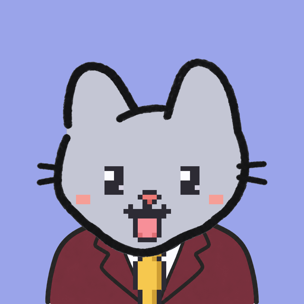 Employee #0085 — a gray cat, in a burgundy suit, with a gold tie, on periwinkle