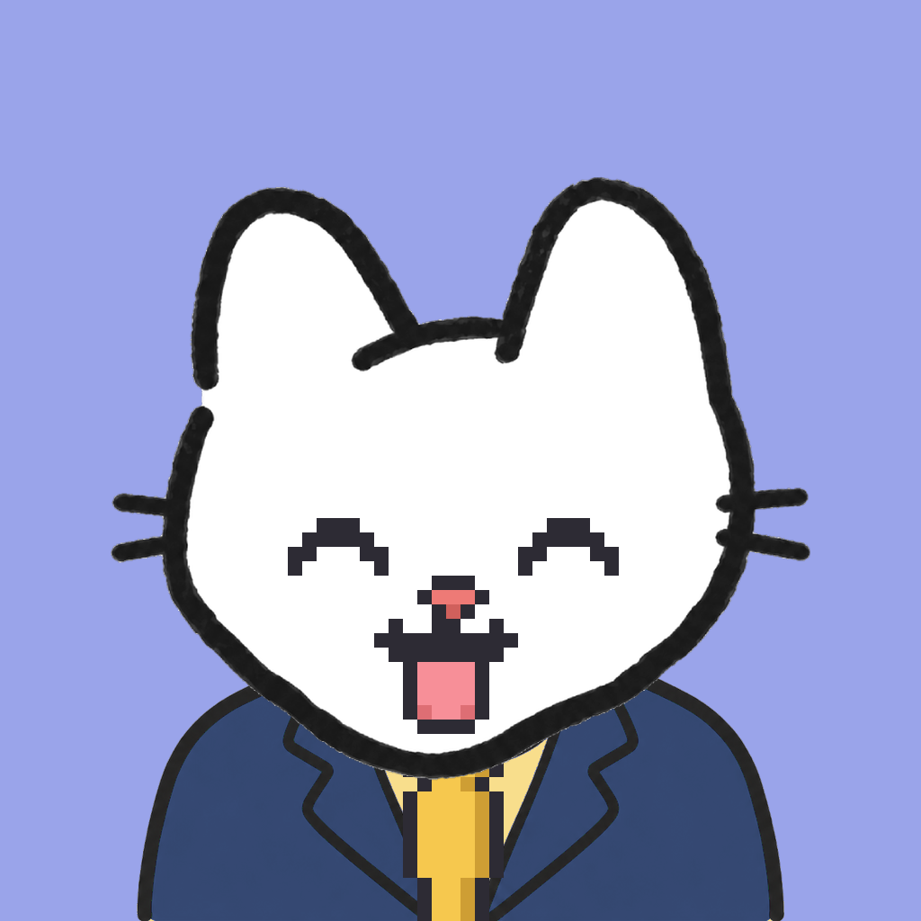 Employee #0850 — a white cat, in a navy suit, with a gold tie, on periwinkle