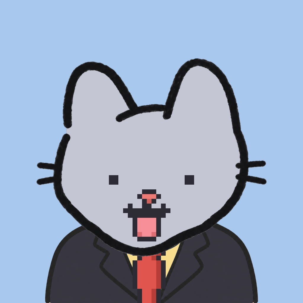 Employee #0851 — a gray cat, in a black suit, with a red tie, on sky