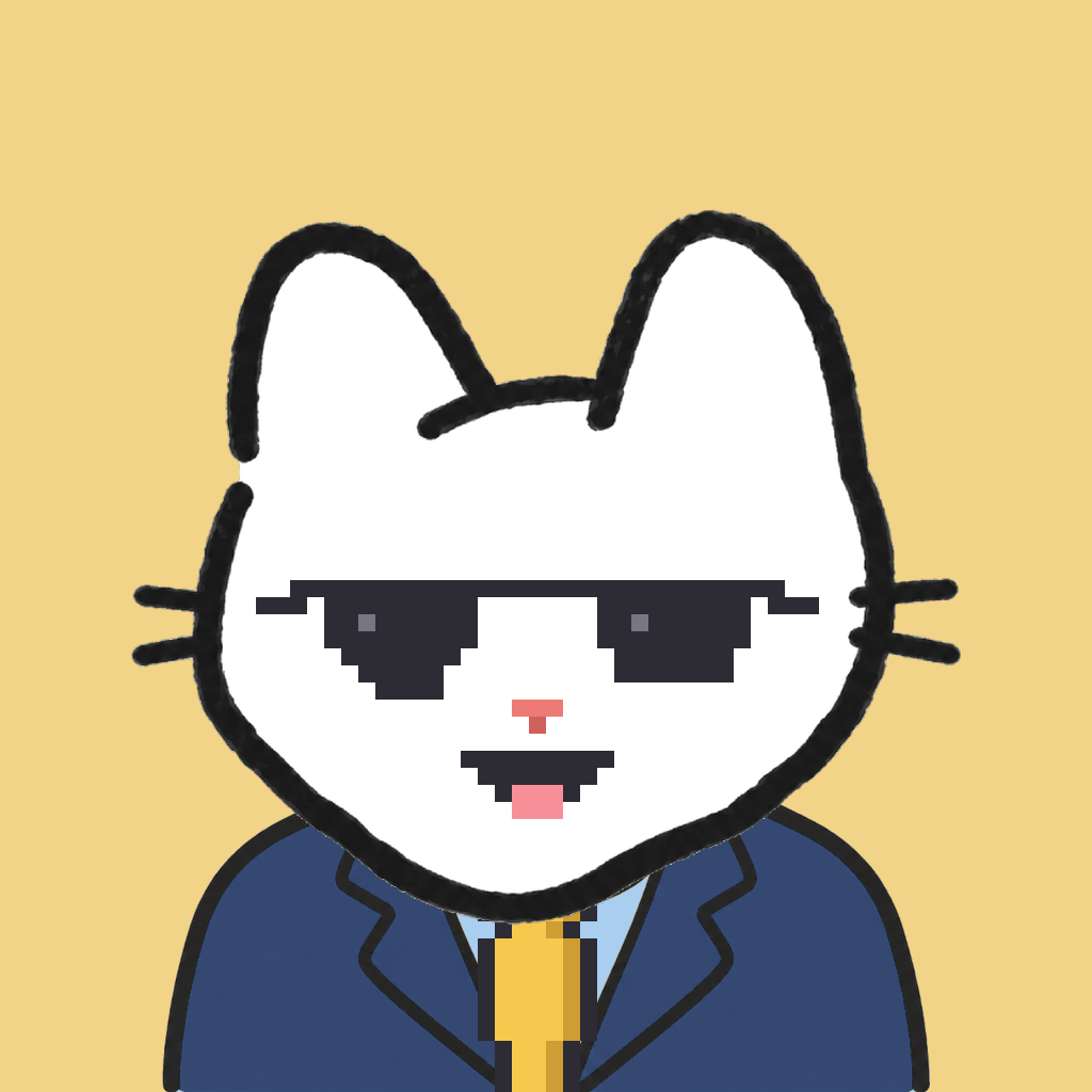 Employee #0852 — a white cat, in a navy suit, with a gold tie, wearing shades glasses, on butter