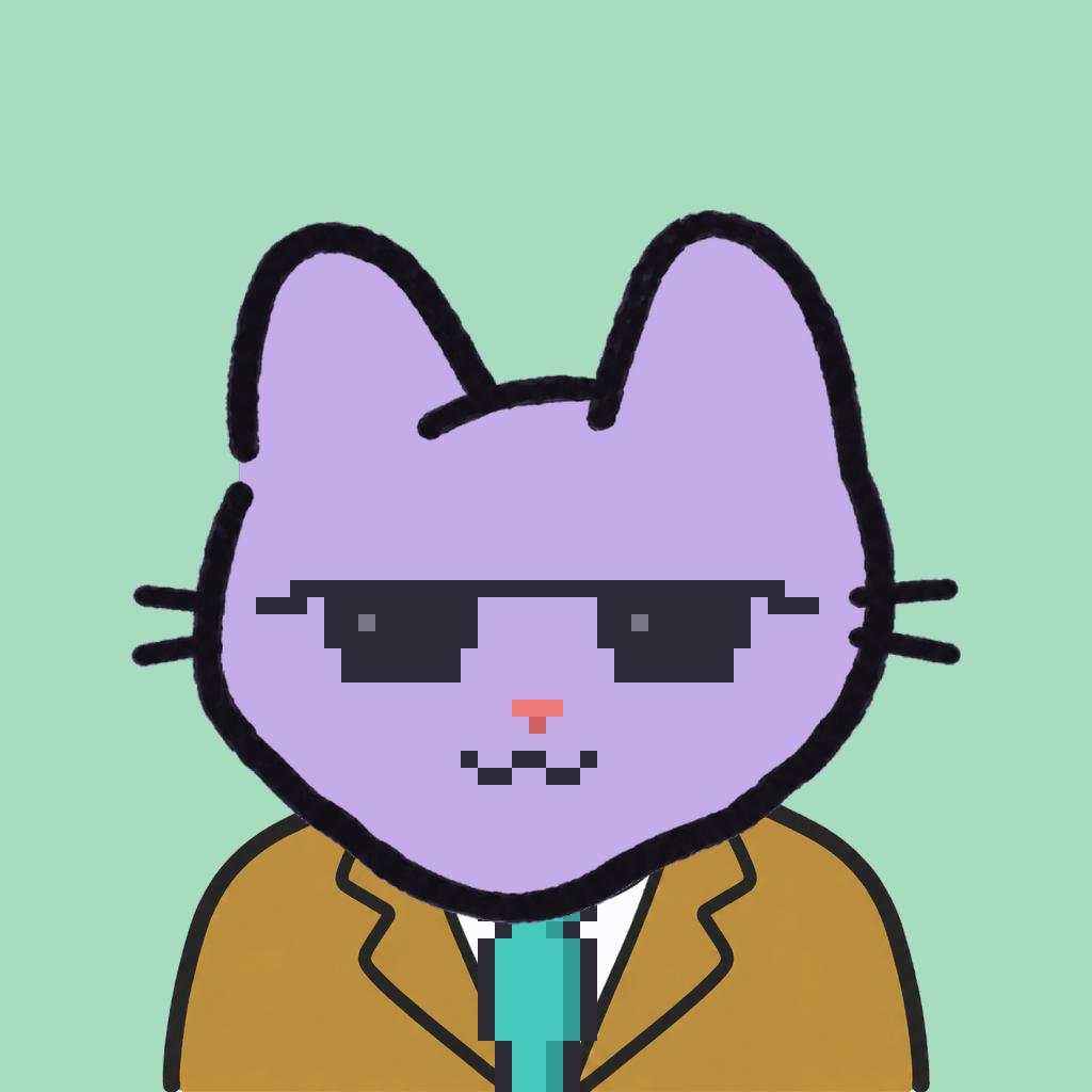 Employee #0853 — a lavender cat, in a mustard suit, with a teal tie, wearing shades glasses, on mint