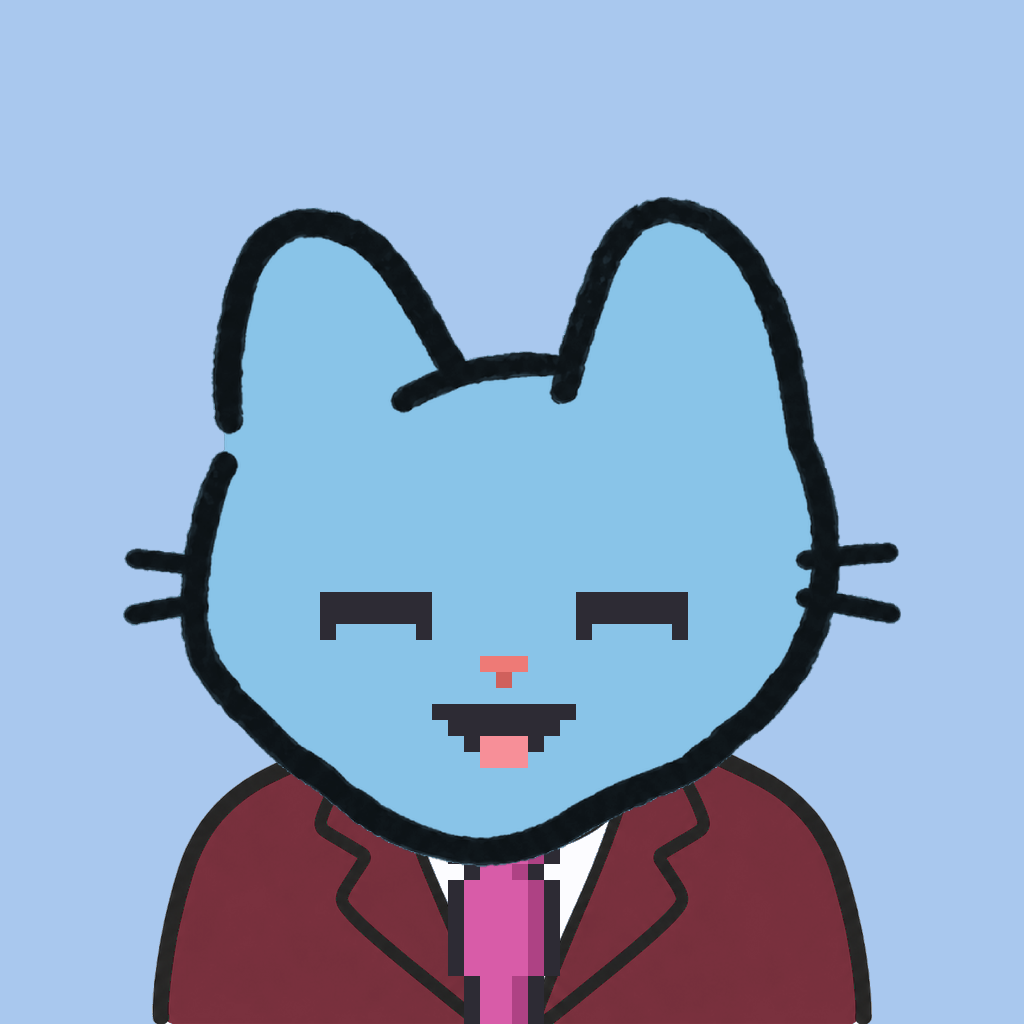 Employee #0854 — a sky cat, in a burgundy suit, with a magenta tie, on sky