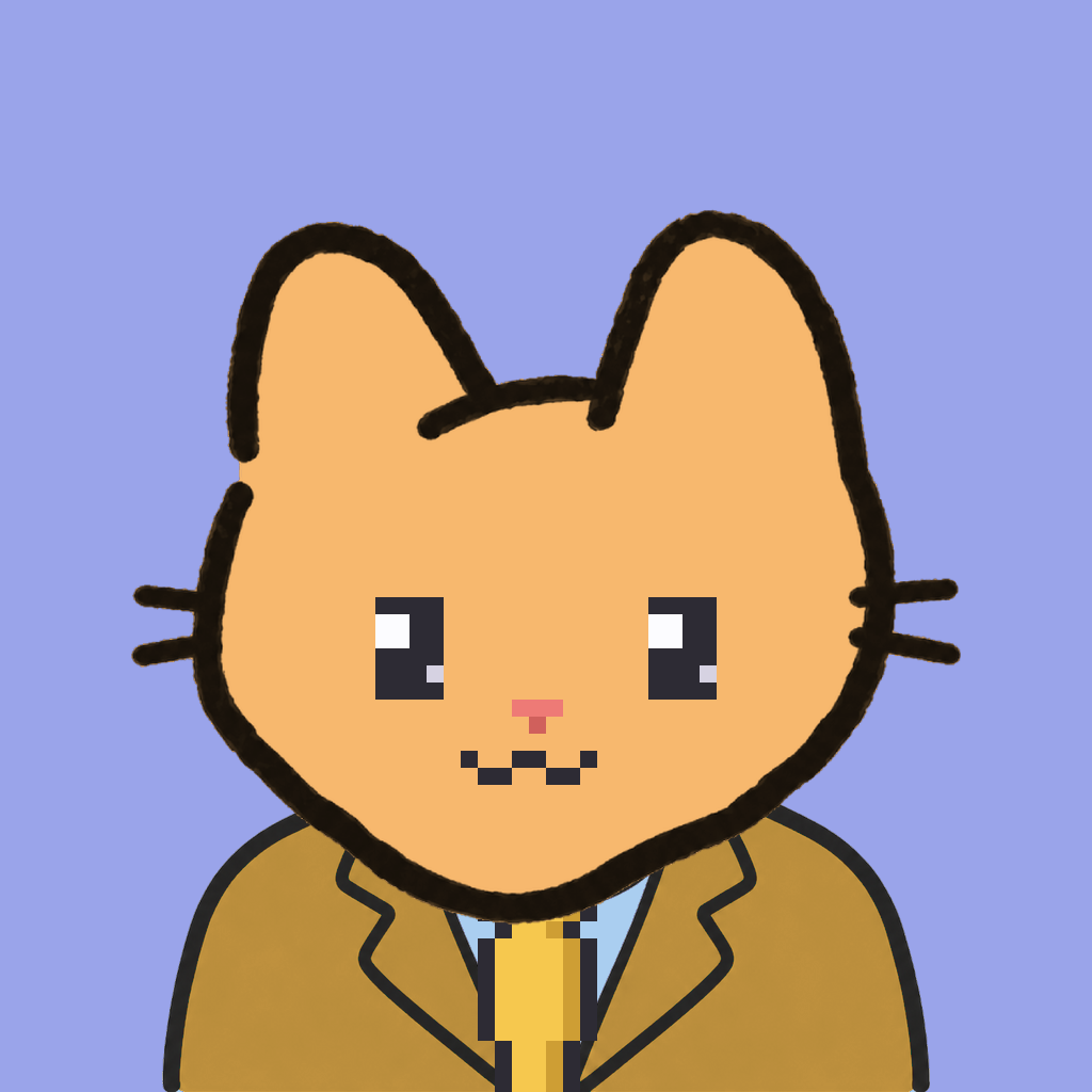 Employee #0855 — a tabby cat, in a mustard suit, with a gold tie, on periwinkle