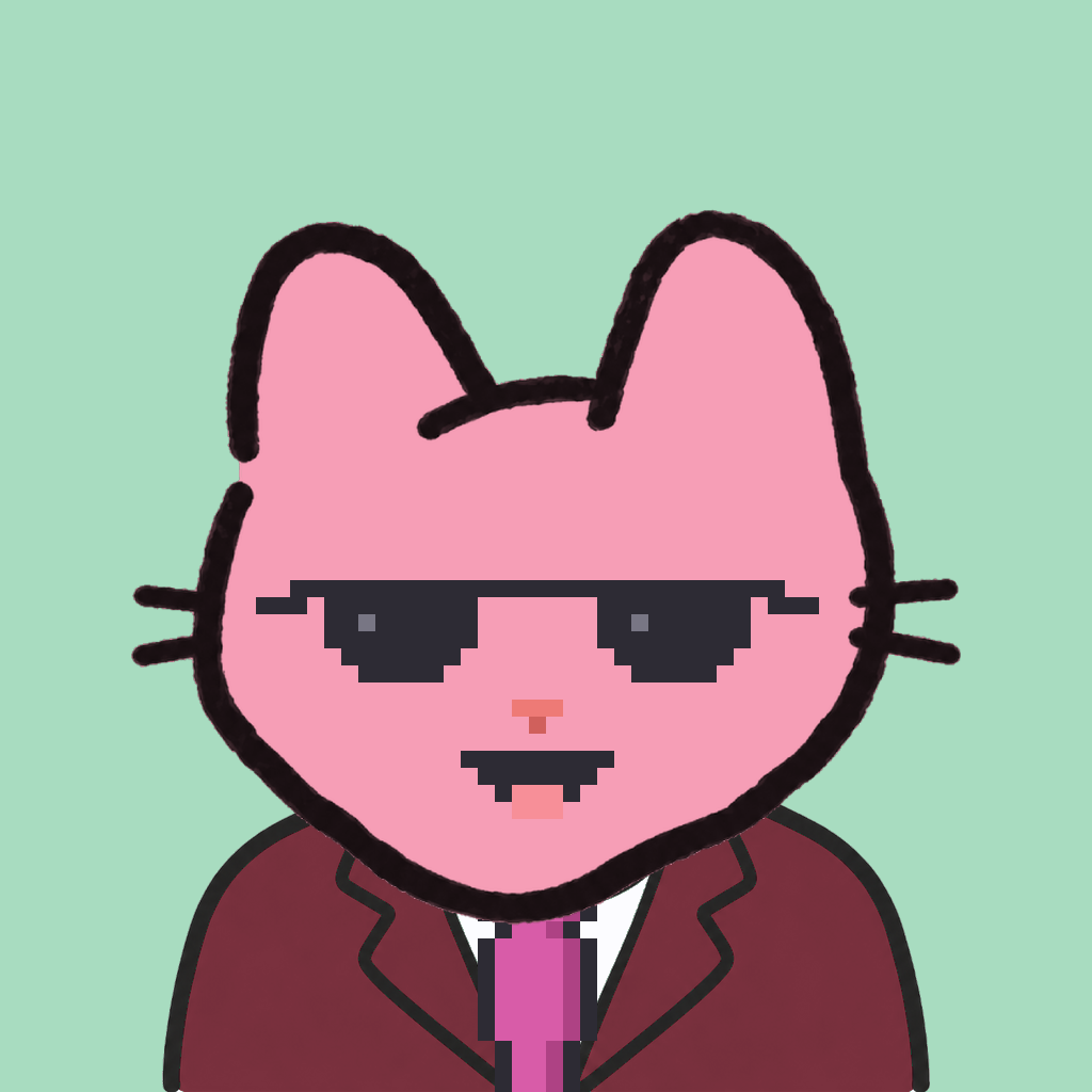 Employee #0856 — a pink cat, in a burgundy suit, with a magenta tie, wearing shades glasses, on mint