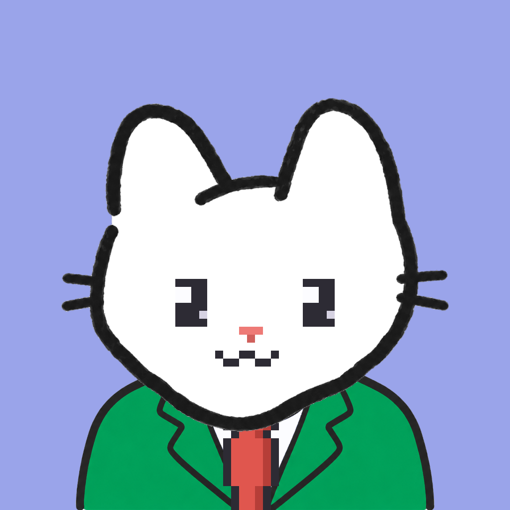 Employee #0857 — a white cat, in a green suit, with a red tie, on periwinkle