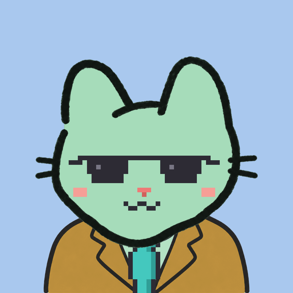 Employee #0858 — a mint cat, in a mustard suit, with a teal tie, wearing shades glasses, on sky