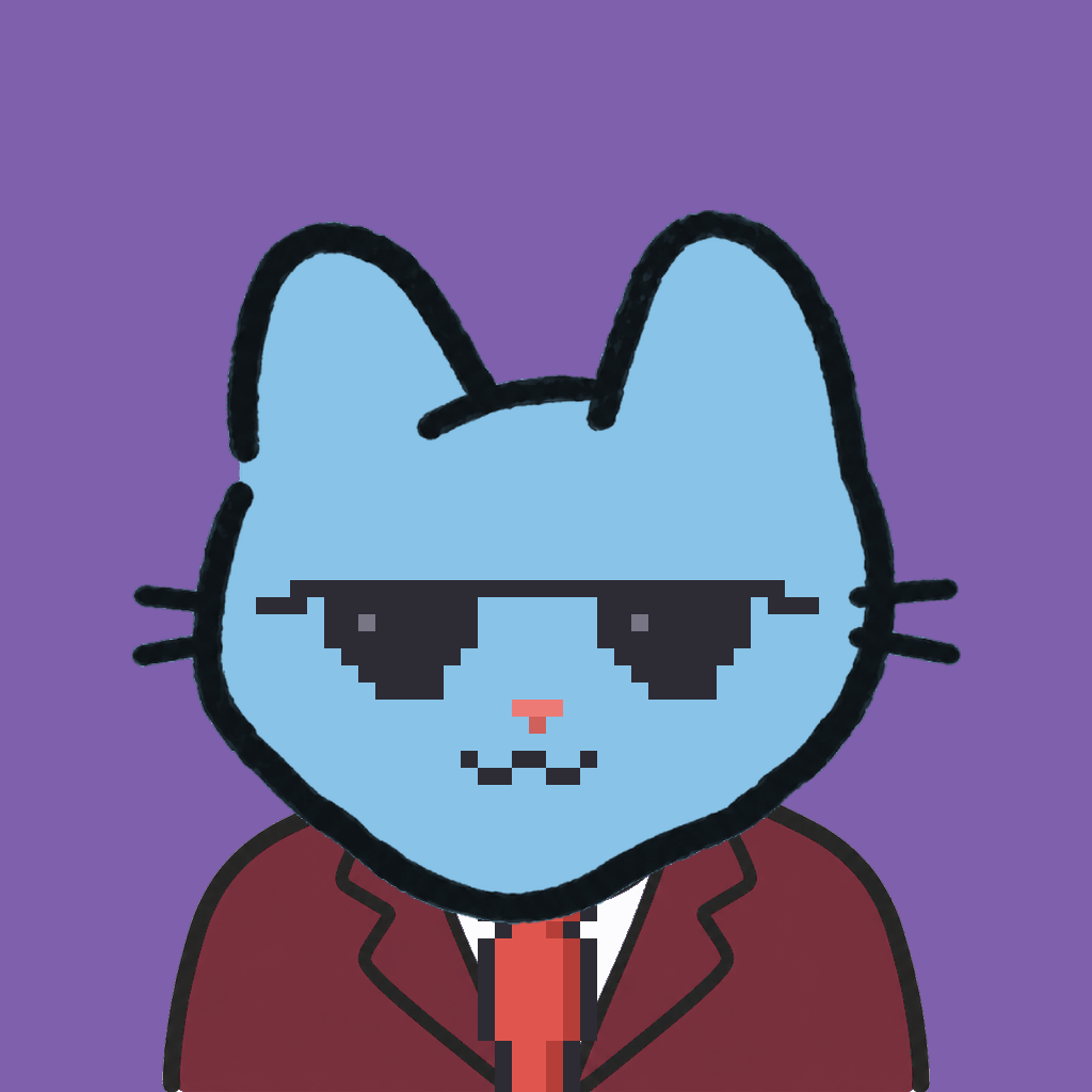 Employee #0859 — a sky cat, in a burgundy suit, with a red tie, wearing shades glasses, on plasma violet